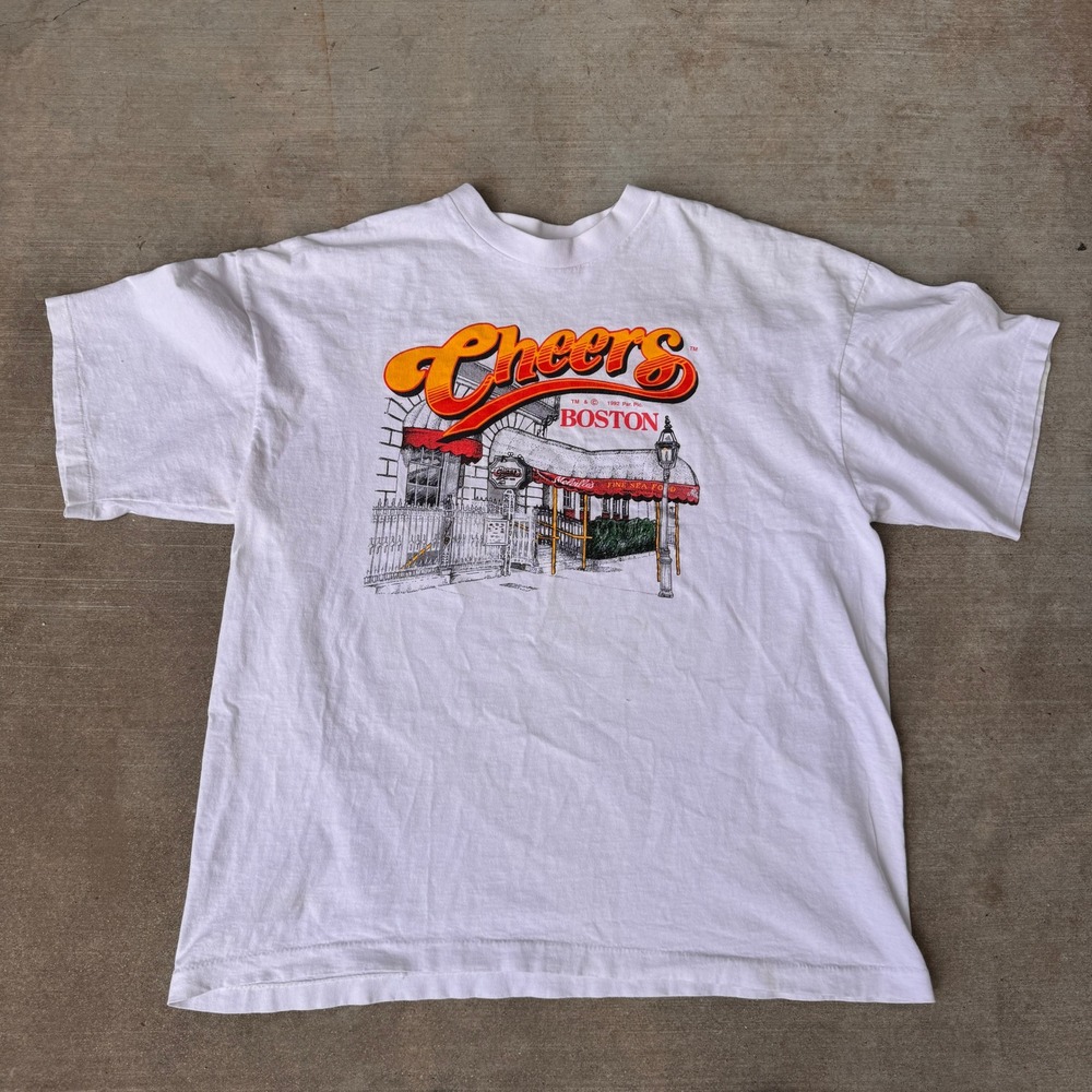 Vintage 1992 Cheers Boston TV Show Graphic T-Shirt Tee Jays Made in USA XL White